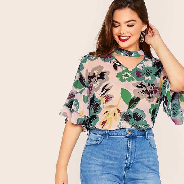 

Plus Choker Neck Layered Sleeve Floral Print Top