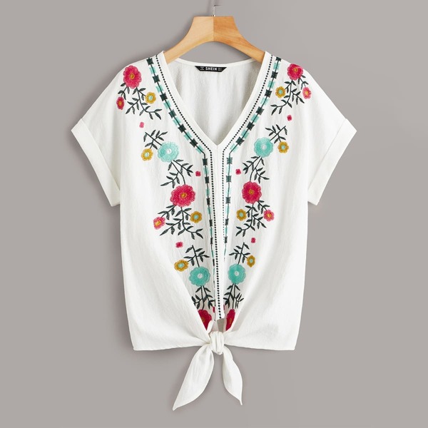 

Plus Embroidered Botanical Rolled Cuff Tie Hem Top, White