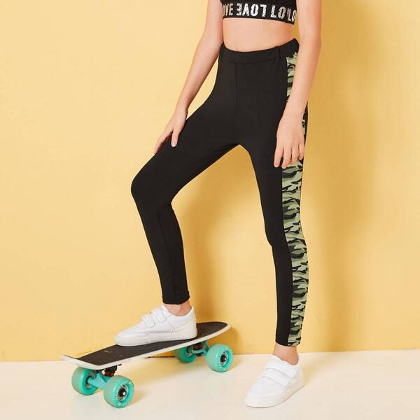 

Girls Camo Print Striped Side Leggings