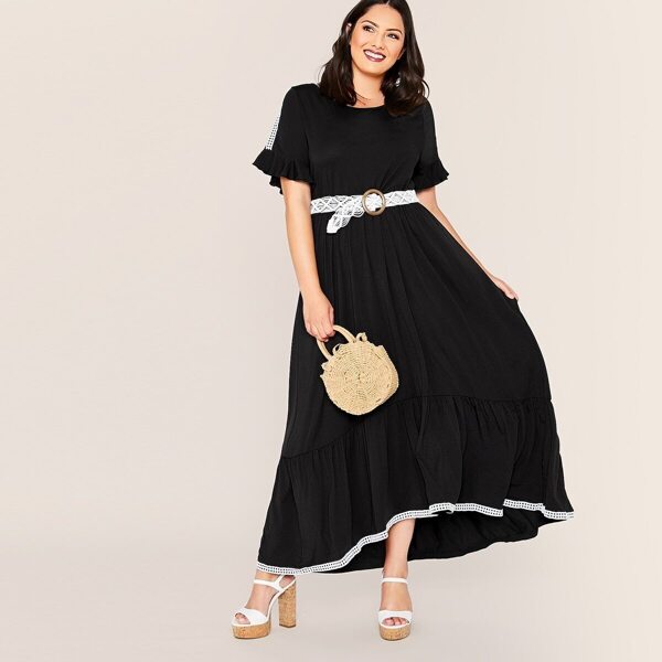 

Plus Contrast Lace Tape Ruffle Trim Dress Without Belt, Black