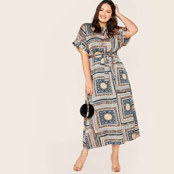 

Plus Cuffed Sleeve Scarf Print Belted Dress, Multicolor