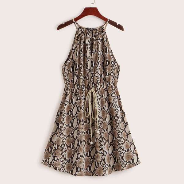 

Knot Waist Snakeskin Print Halter Dress
