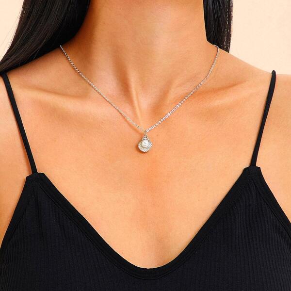 

Shell & Faux Pearl Charm Chain Necklace 1pc, Silver