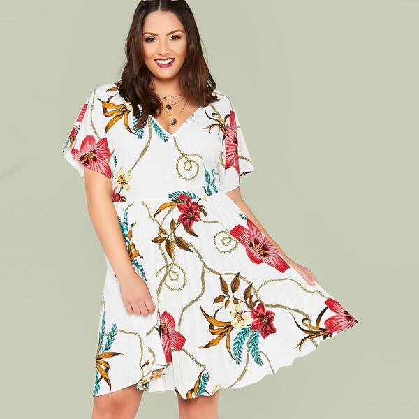 

Plus V-neck Chain & Floral Print Flare Dress, Multicolor