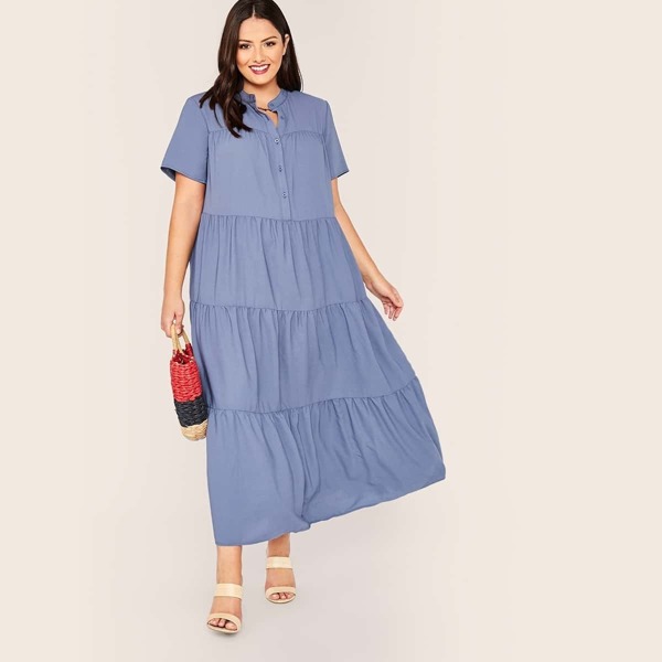 

Plus Half Button Front Layered Tent Dress, Blue