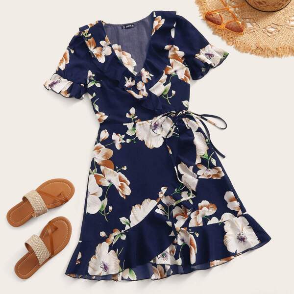 Floral Print Ruffle Hem Wrap Knotted Dress