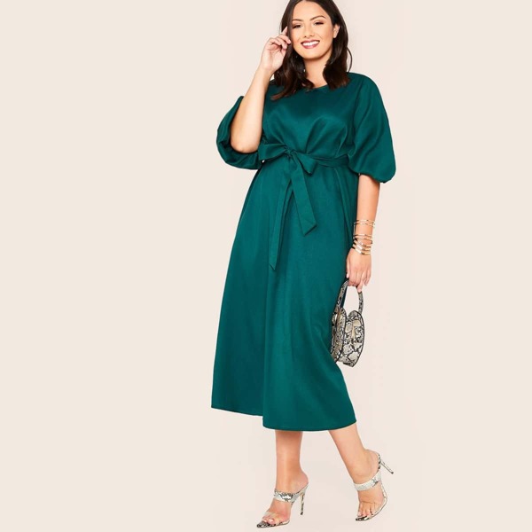 

Plus V-neck Lantern Sleeve Belted Dress