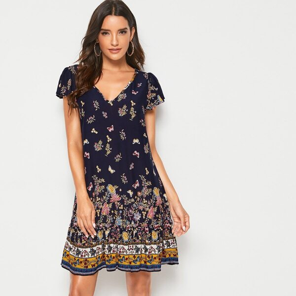 

Butterfly & Flower Print Trapeze Dress, Navy