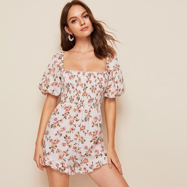 

Lantern Sleeve Shirred Bodice Floral Print Romper, Multicolor