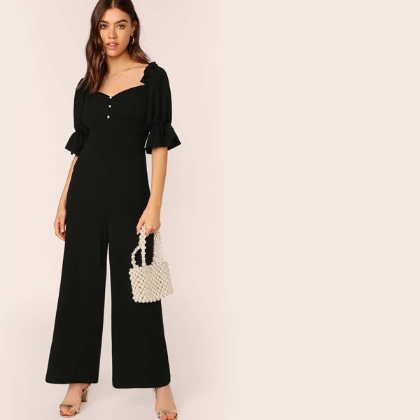 

Beaded Detail Ruffle Trim Wide Leg Jumpsuit