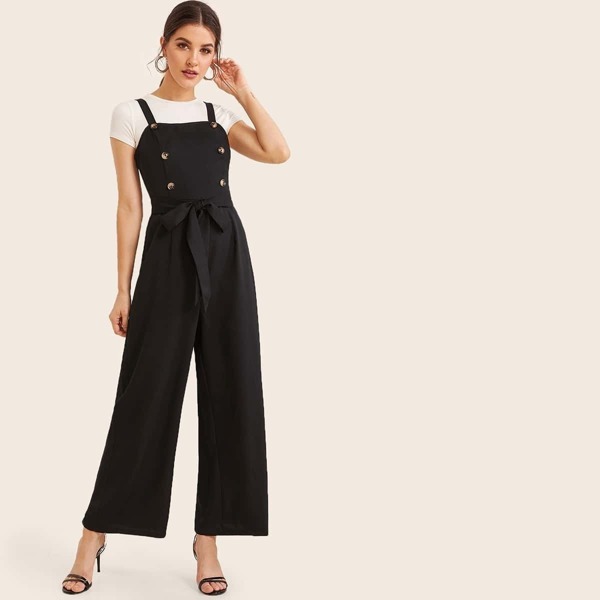 

Double Breasted Front Wide Leg Belted Jumpsuit, Black