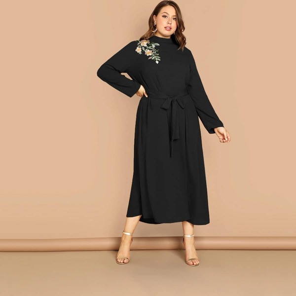 

Plus Mock-neck Embroidered Floral Self Belted Dress, Black