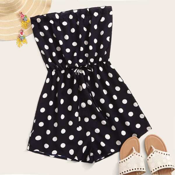 

Drawstring Waist Polka Dot Tube Romper, Black