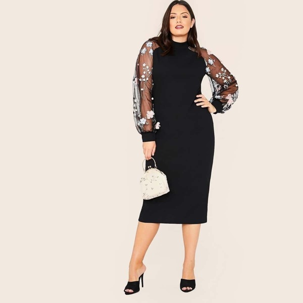 

Plus 3D Appliques Mesh Raglan Sleeve Pencil Dress, Black