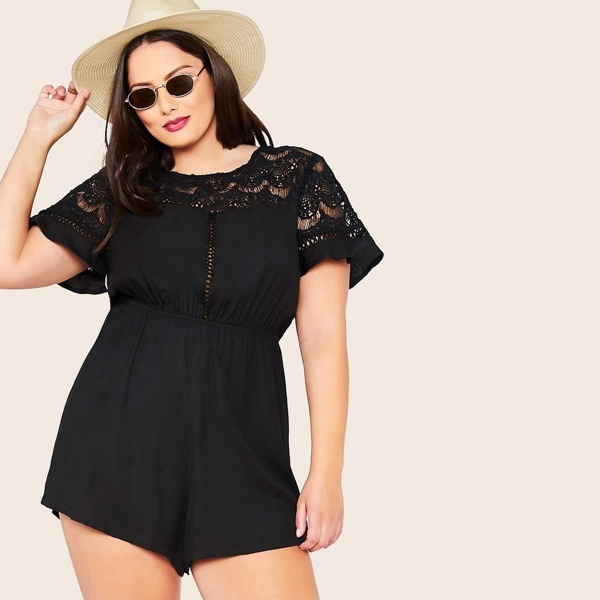 

Plus Split Back Blouson Waist Lace Yoke Insert Romper, Black