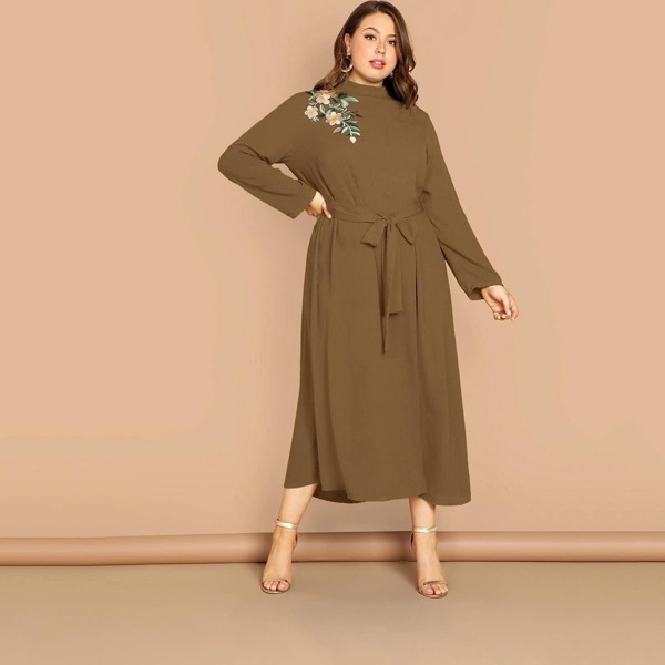

Plus Mock-Neck Embroidery Front Belted Dress, Khaki