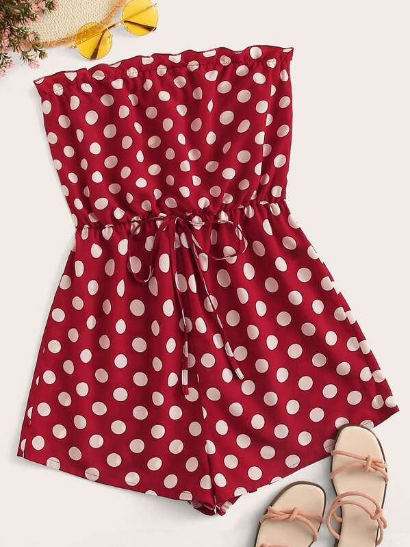 

Plus Frill Trim Drawstring Waist Polka Dot Tube Romper, Burgundy