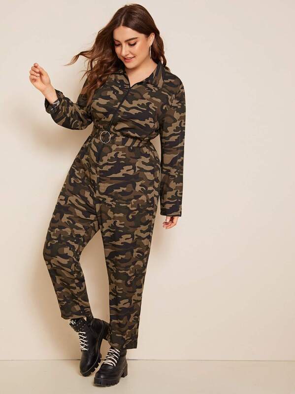 

Plus Zipper Front O-ring Belt Camo Print Jumpsuit, Multicolor, Franziska