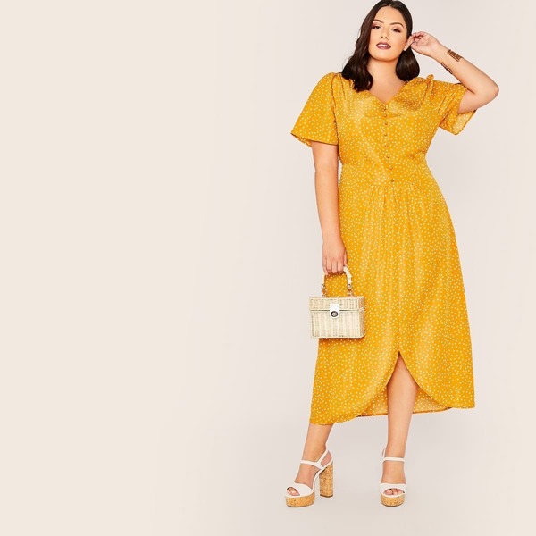 

Plus V-neck Button Front Asymmetrical Hem Dot Dress, Yellow