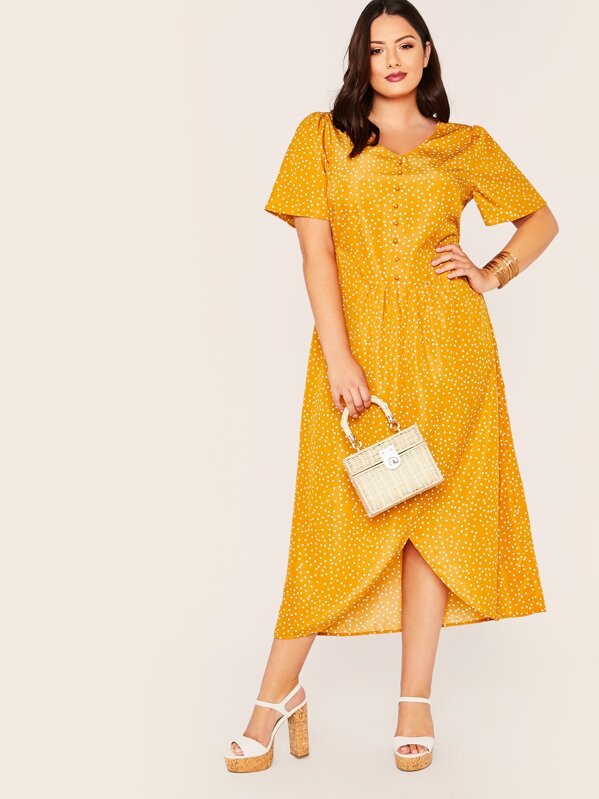 

Plus V-neck Button Front Asymmetrical Hem Dot Dress, Yellow, Marcelle Pallais