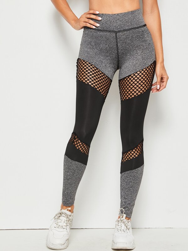 

High Waist Cut-and-sew Fishnet Insert Leggings, Multicolor, Juliana