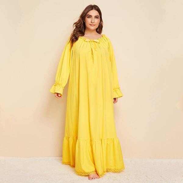 

Plus Tie Neck Lace Trim Flippy Hem Night Dress, Yellow