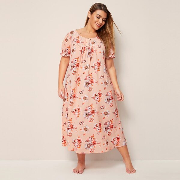 

Plus Frill Trim Buttoned Front Floral Print Night Dress