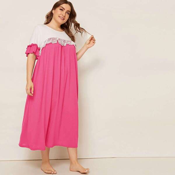 

Plus Two Tone Contrast Lace Detail Flowy Nightdress, Pink bright