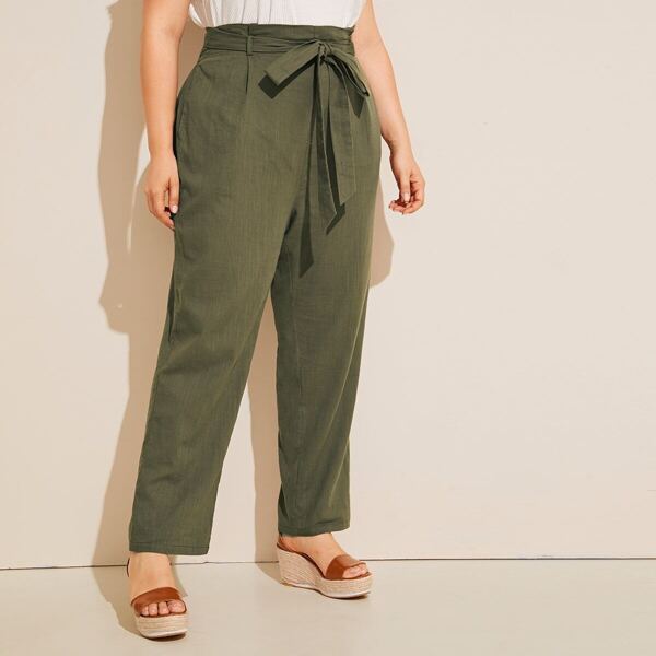 

Plus Elastic Waist Pocket Side Belted Pants, Army green