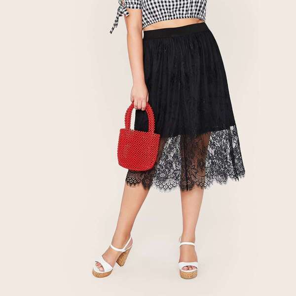 

Plus Solid Lace Overlay Skirt, Black