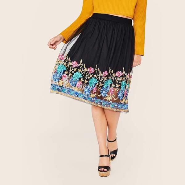 

Plus Elastic Waist Embroidery Mesh Flare Skirt
