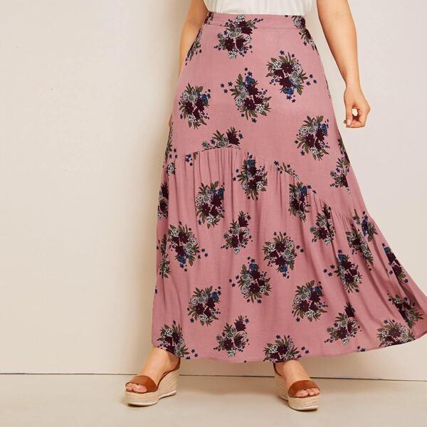 

Plus Zipper Fly Floral Print Skirt, Pink