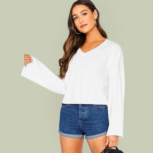 

Drop Shoulder Bell Sleeve Rib-knit Top, White