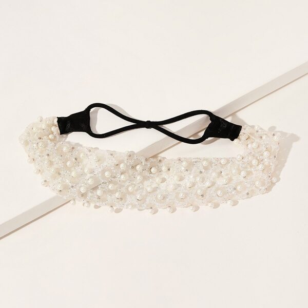 

Faux Pearl Decor Mesh Headband, White