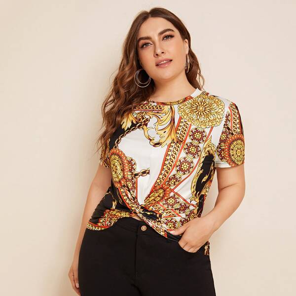 

Plus Twist Hem Scarf Print Top