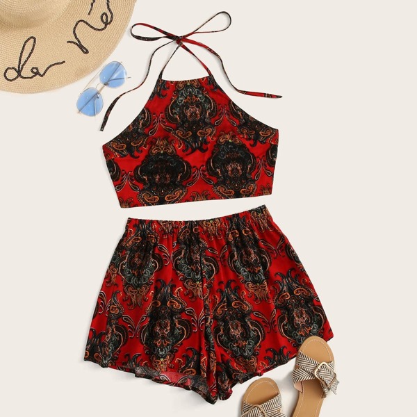 

Tribal Print Tie Back Halter Top and Shorts Set, Multicolor