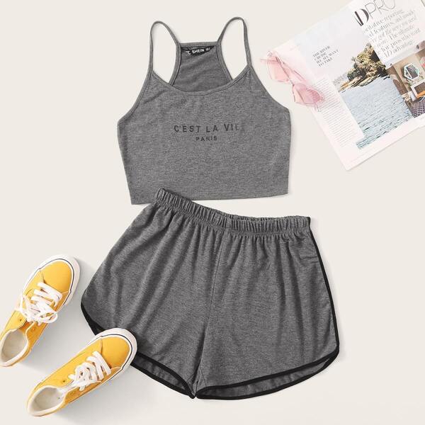

Slogan Print Racerback Crop Top & Dolphin Shorts Set