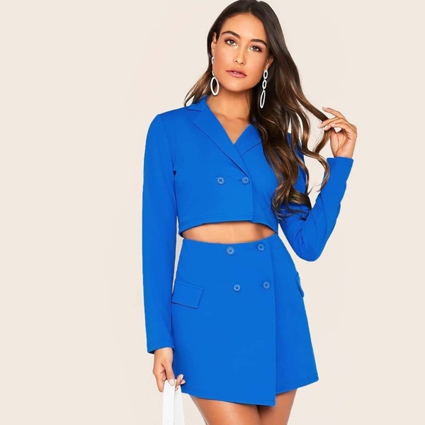 

Notch Collar Button Fly Crop Top & Flap Detail Wrap Skirt Set, Blue bright