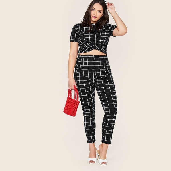 

Plus Grid Print Crisscross Crop Top & Pants Set, Black