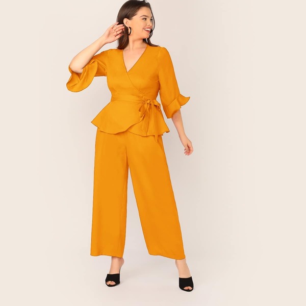 

Plus Wrap Belted Top & Wide Leg Pants Set, Yellow