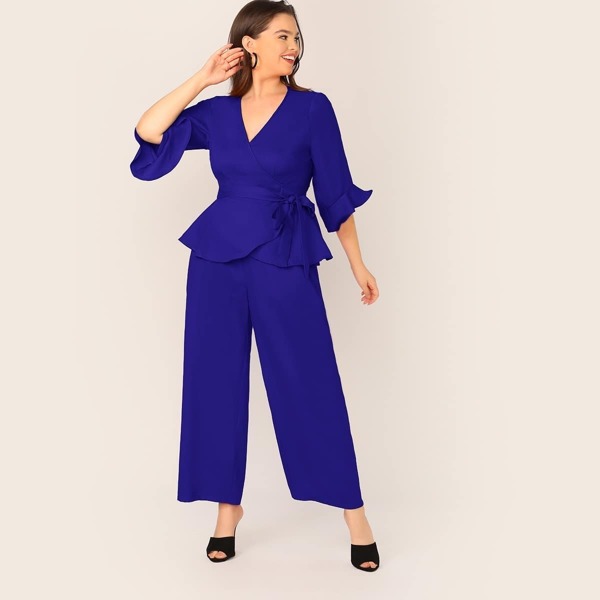 

Plus Flounce Sleeve Wrap Belted Top & Palazzo Pants Set, Blue