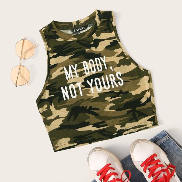 

Slogan Print Camo Tank Top