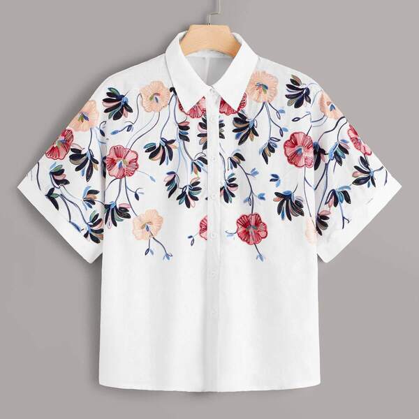 

Plus Floral Embroidered Button Through Blouse, White