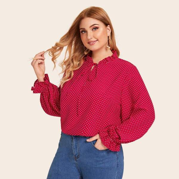 

Plus Polka Dot Tie Neck Frill Flounce Sleeve Blouse, Red