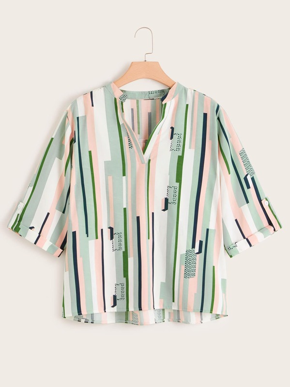 

Plus Striped High Low V-neck Blouse, Multicolor
