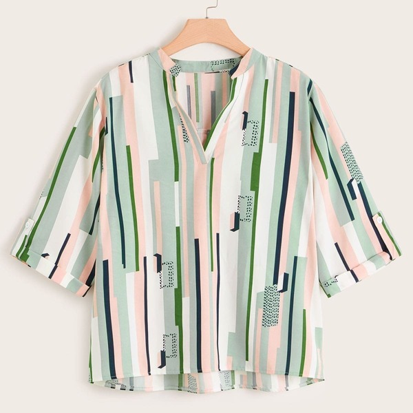 

Plus Striped High Low V-neck Blouse, Multicolor