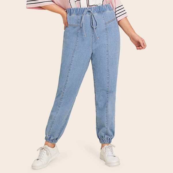 

Plus Contrast Stitching Drawstring Waist Jeans, Blue