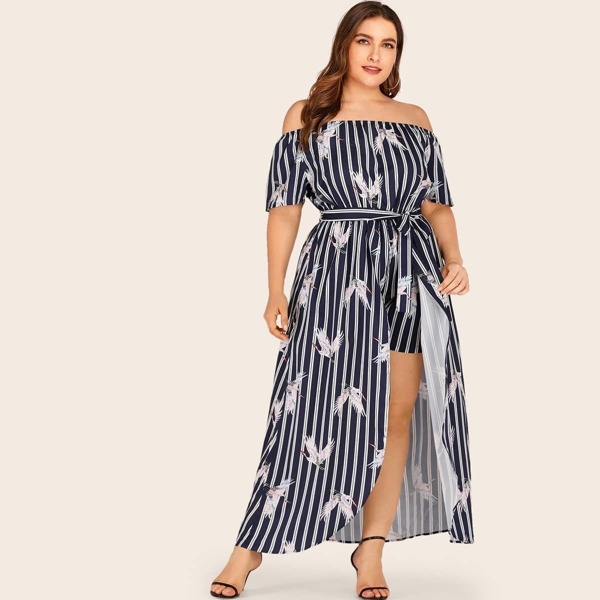 

Plus Crane Print Stripe Asymmetrical Hem Belted Jumpsuit