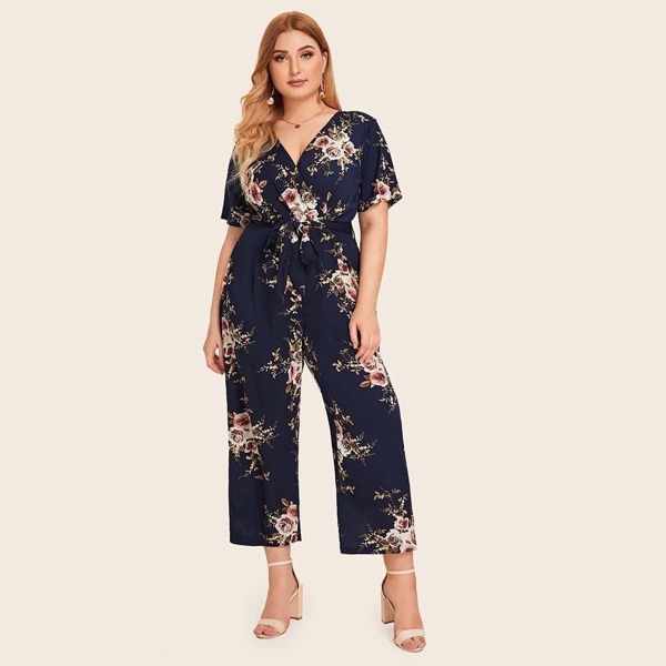 

Plus Floral Print Surplice Front Belted Jumpsuit, Navy