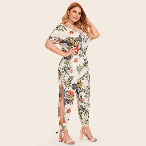 

Plus Floral Print Split Side Knot Hem Jumpsuit, Multicolor